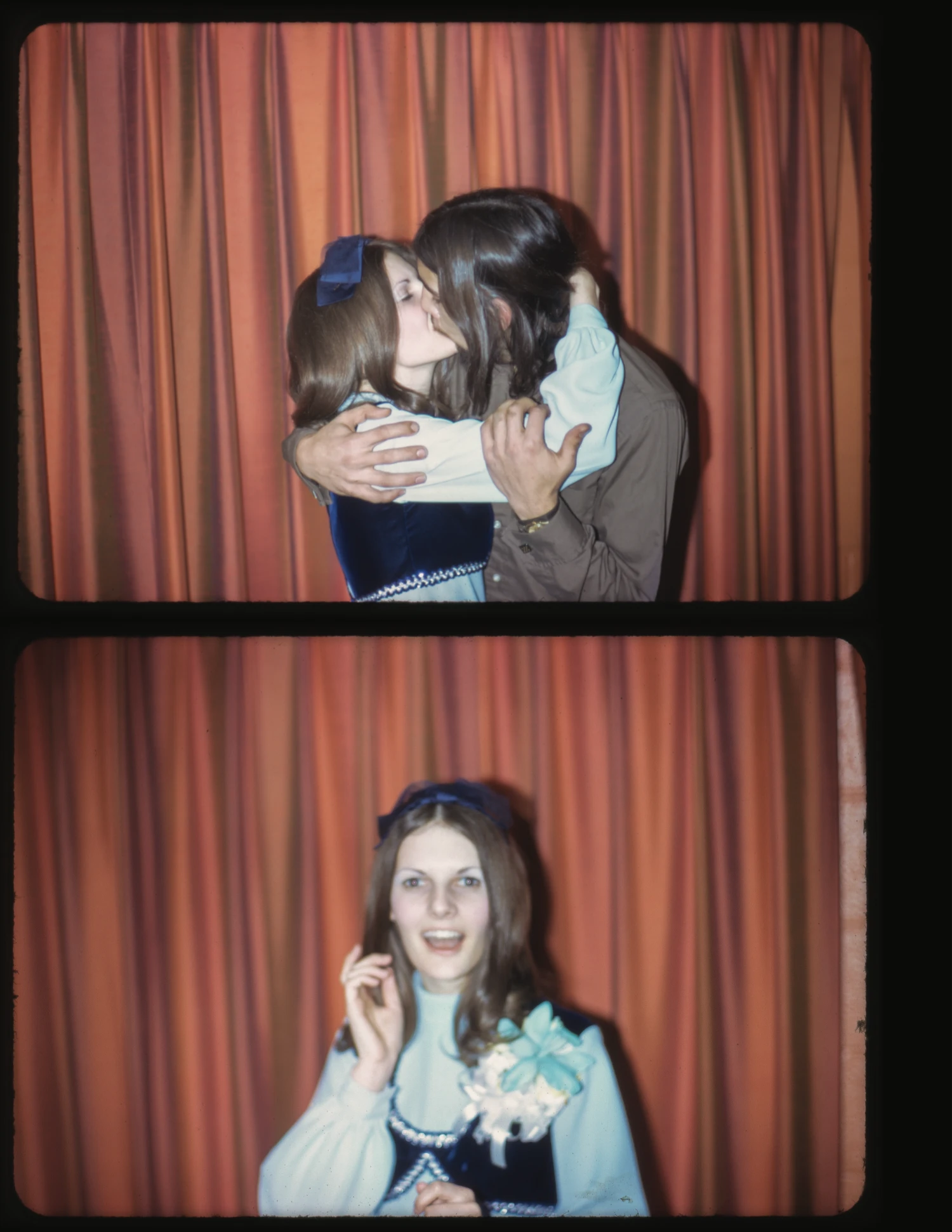 Two photographs of people posing in front of red curtains