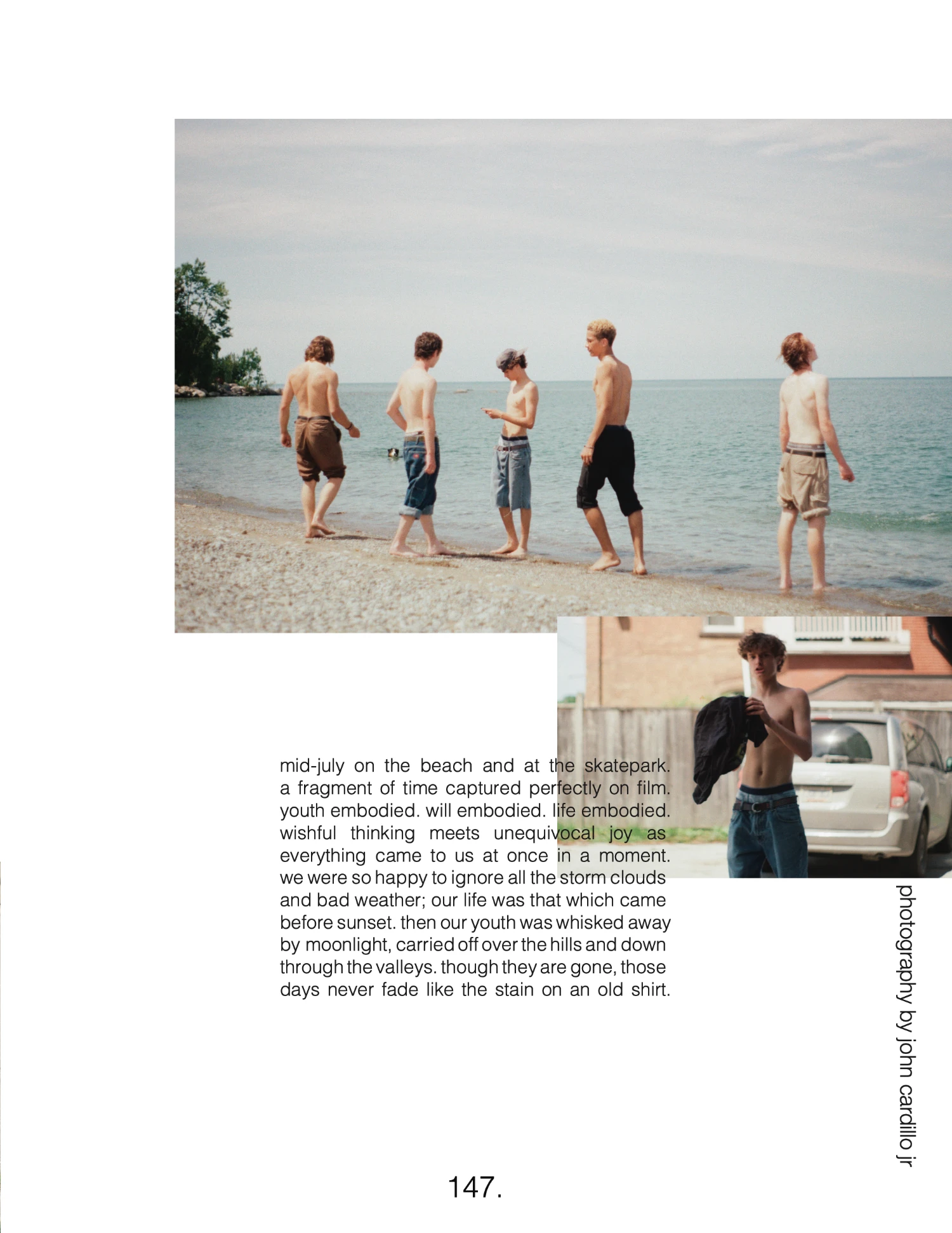 Magazine page combining lakeside photographs and a personal essay