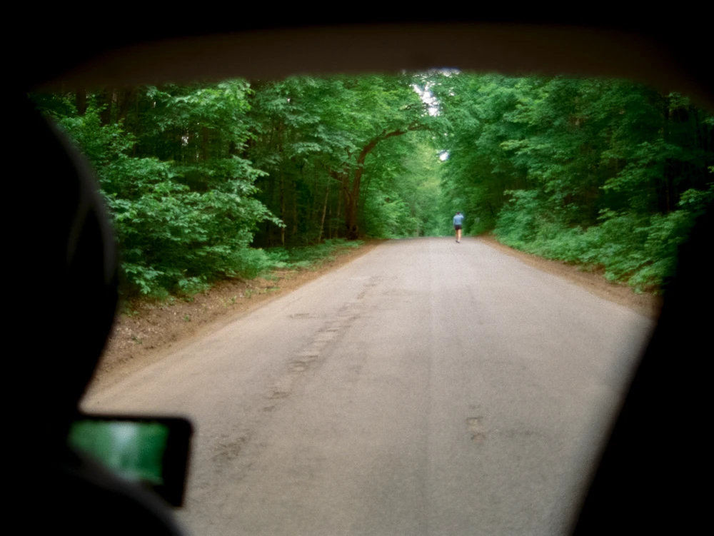 A tree-lined gravel road seen through a car window